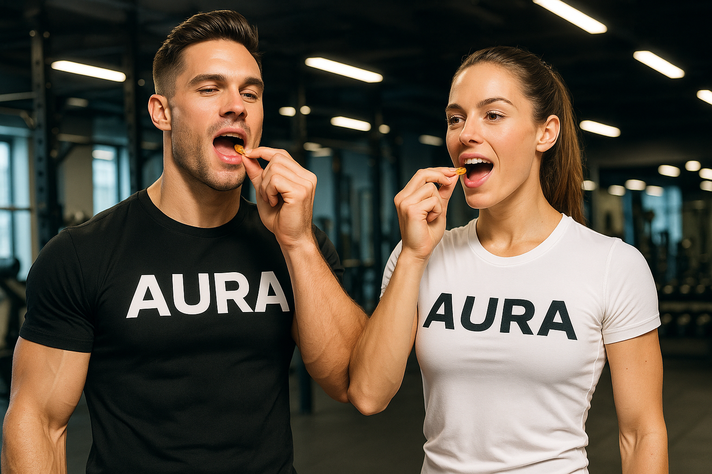 HAZME UN HOMBRE Y MUJER FITNESS TOMANDO UNA CAPSULA, Y QUE SUS CAMISAS DIGAN AURA